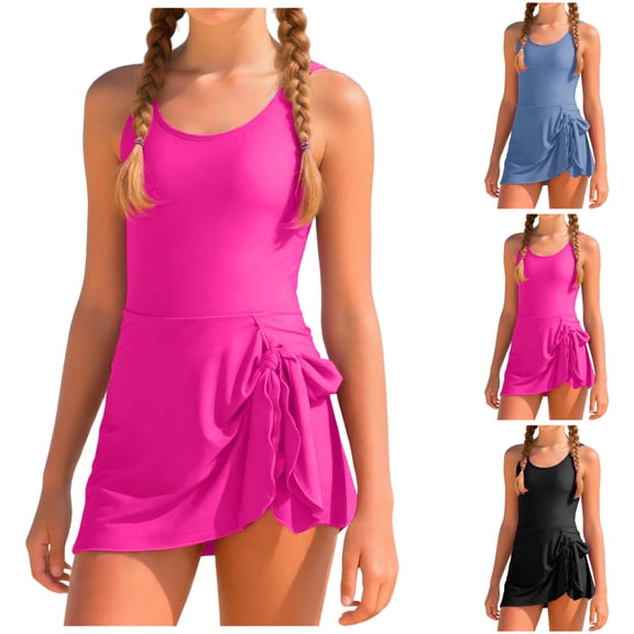 Pandaie Girl Swimsuit Tummy Control One Piece Swim Dress 2026 Padded Adjustable Straps Bathing Suit Teen Skirted Swimwear with Bottom 9-10 Years Black