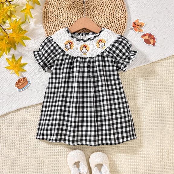 Zehjuhan Thanksgiving Kids Girl Dress Turkey Print Casual Short Sleeves Plaid Princess Party Dress for Toddler Baby Black，3-6M