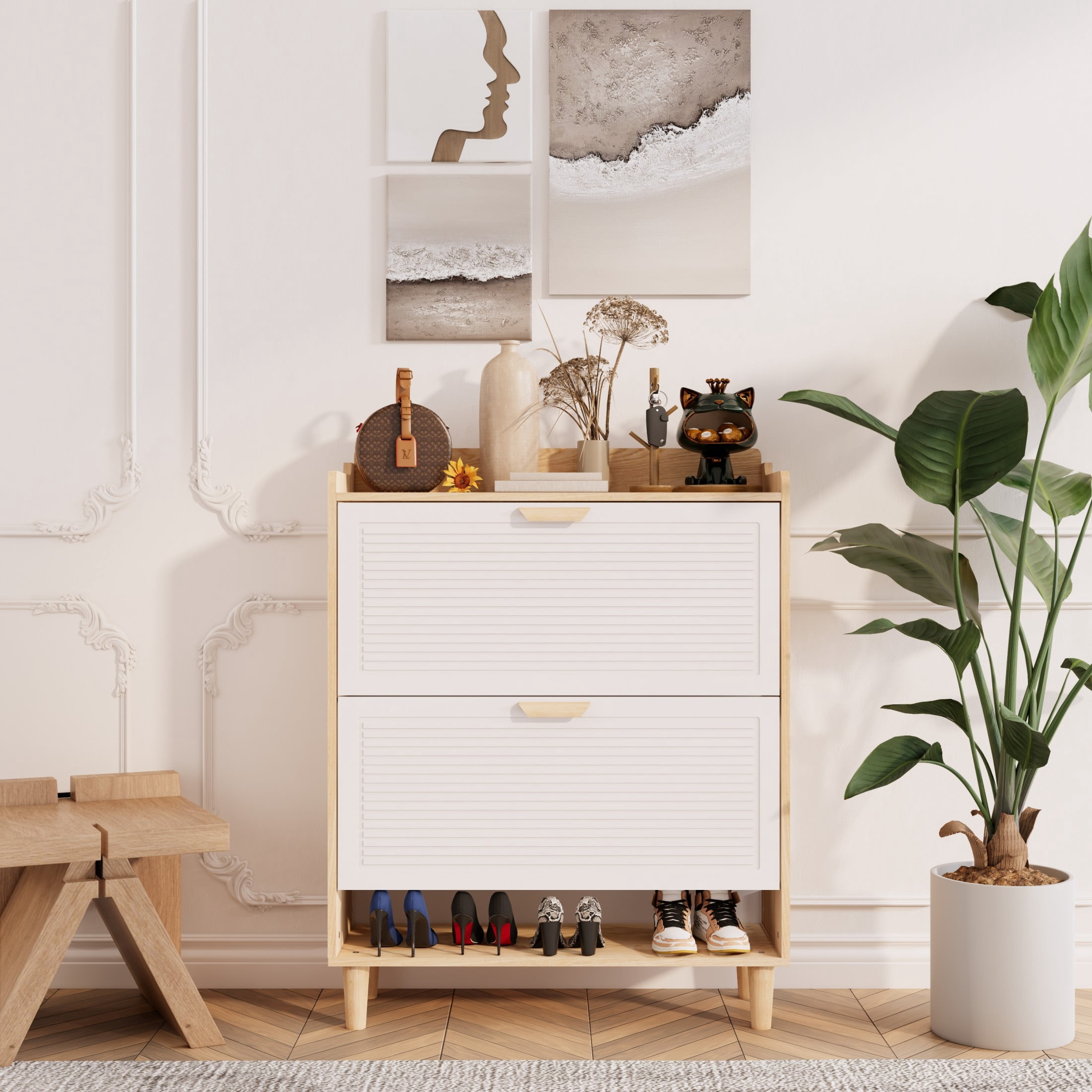 Noble House 31" Nordic Shoe Storage Cabinet, Flip Drawer Narrow Entryway Organizer, Solid Wood Legs, White & Natural