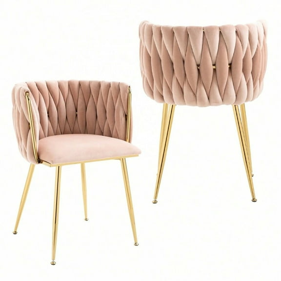 Set of 2 Modern Velvet Dining Chairs, Hand-Weaving Accent Chairs | Upholstered Side Chairs with Golden Metal Legs | for Dining Room, Kitchen, Vanity, Living Room
