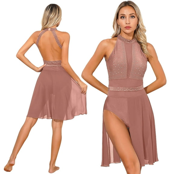 IEFIEL Womens Chiffon Side Split Lyrical Modern Dance Dress Backless Rhinestone Mesh Patchwork Figure Skating Dress Dusty Pink XL