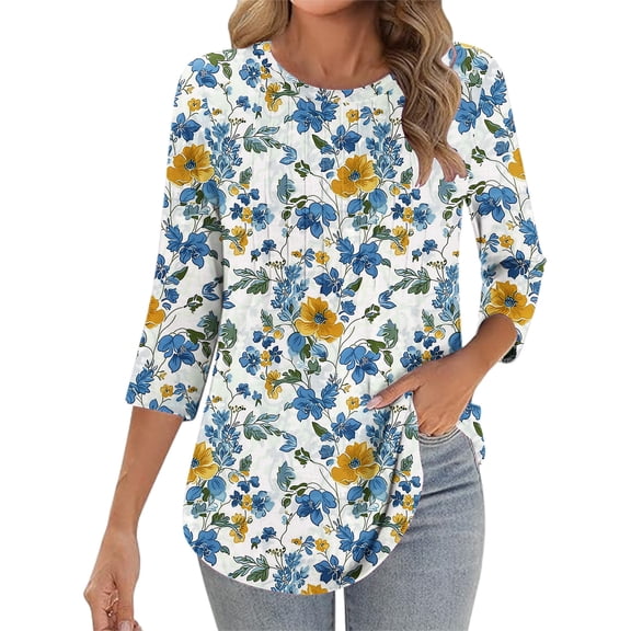 Jsaierl Women's 3/4 Length Sleeve Tops Summer Round Neck Shirts Fashion Graphic Ladies Pleated Blouses Work Cotton T-shirts Top S-2XL