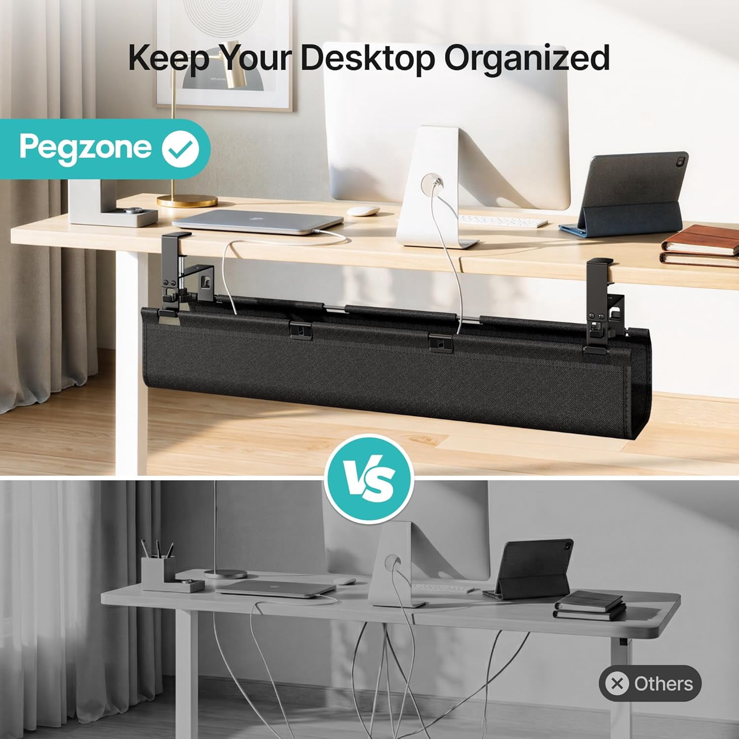 No Drill Under Desk Cable Management Tray, 31.5" Clamp Mount Desk Cable Organizer, Large Capacity Fabric Cord Management for Power Strips & Wires, Under Desk Wire Management for Office & Home