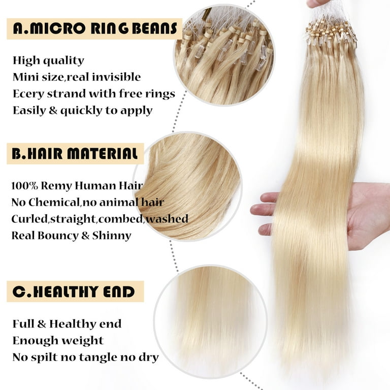 Benehair Human Hair Extensions Micro Ring Micro Beads Easy Loop 100% Remy Hair Extension Micro Link Hair 1g/Strand 50g Black Pre Bonded Soft, Size