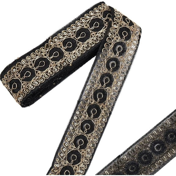 10 Yards 1.77 Inch Black Gold Embroidered Ribbon Sequin Bead Jacquard Trim Tape Metallic Embroidery Woven Boho Fabric Applique Trimming for Sewing Making Clothes Dresses Crafts Gift Wrapping