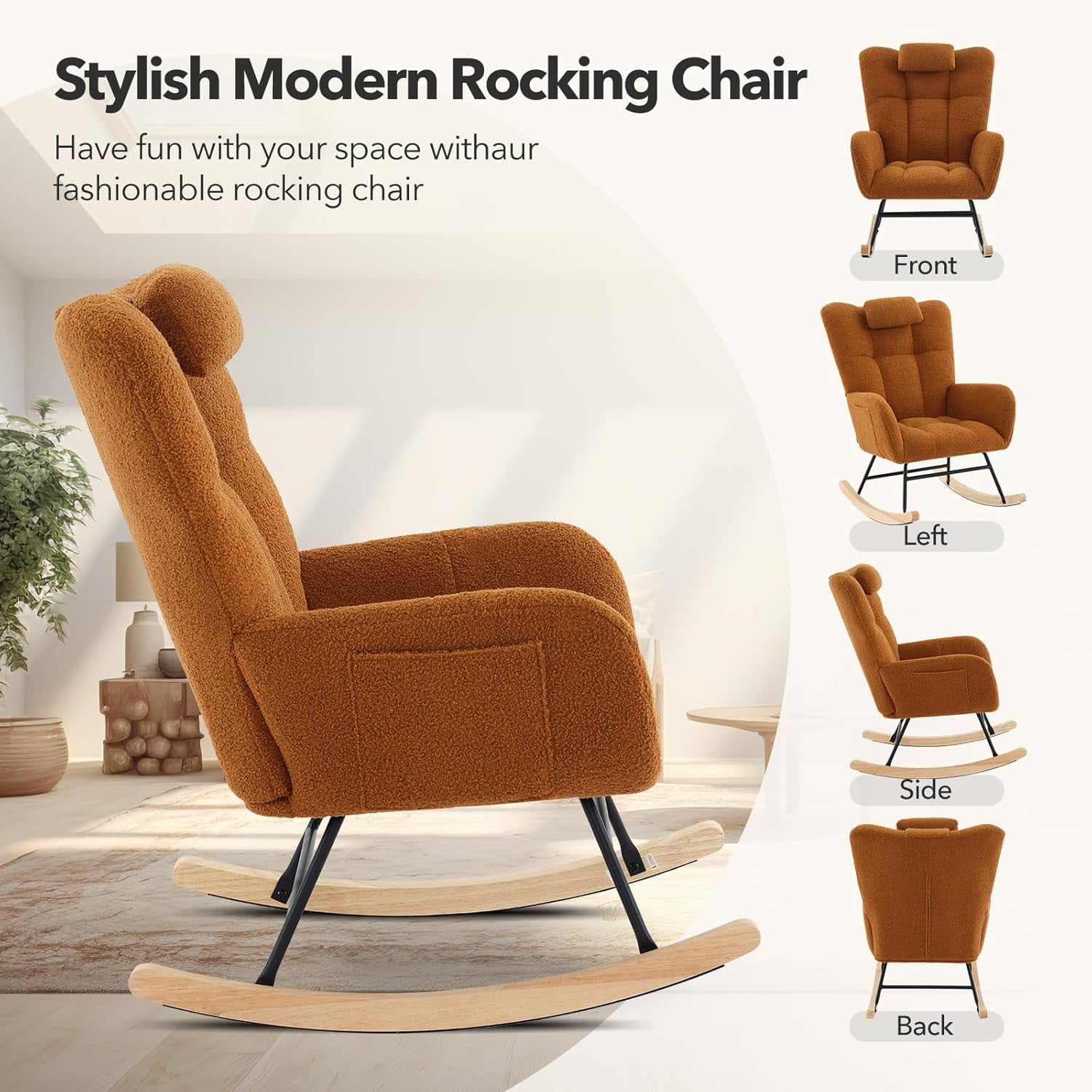 Acekid Rocking Chair,250lbs Fabric Upholstered Glider Rocker Rocking Accent Chair with High Backrest,Side Pockets for Living Room, Bedroom, Cozy Reading