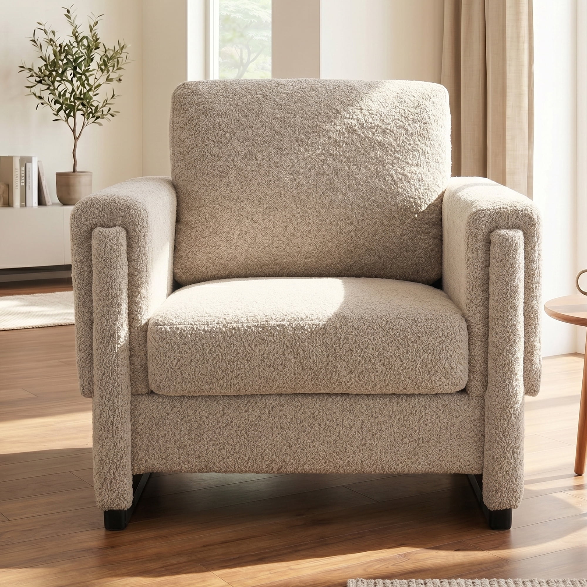 Euroco Modern Upholstered Accent Chair with Armrests, Boucle Fabric Armchair Comfy Reading Chair with Solid Wood Legs & Thick Cushion, Square Arm Club Chair for Living Room Bedroom Office,Brown