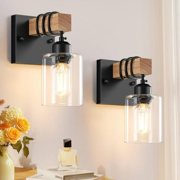 Set of 2 Wall Sconces Farmhouse Matte Black Bathroom Vanity Light with Clear Glass Shades Indoor Wall Mount Lighting Fixtures for Bedroom Living Room Mirror Kitchen