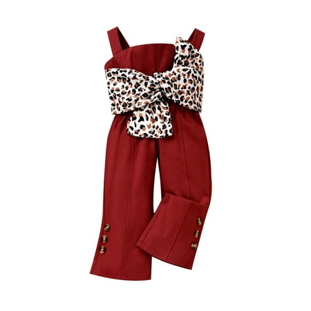 

JINSIJU Baby Camisole Jumpsuit with Leopard Print Bow Decoration Elastic High Waist Cool Summer Clothing