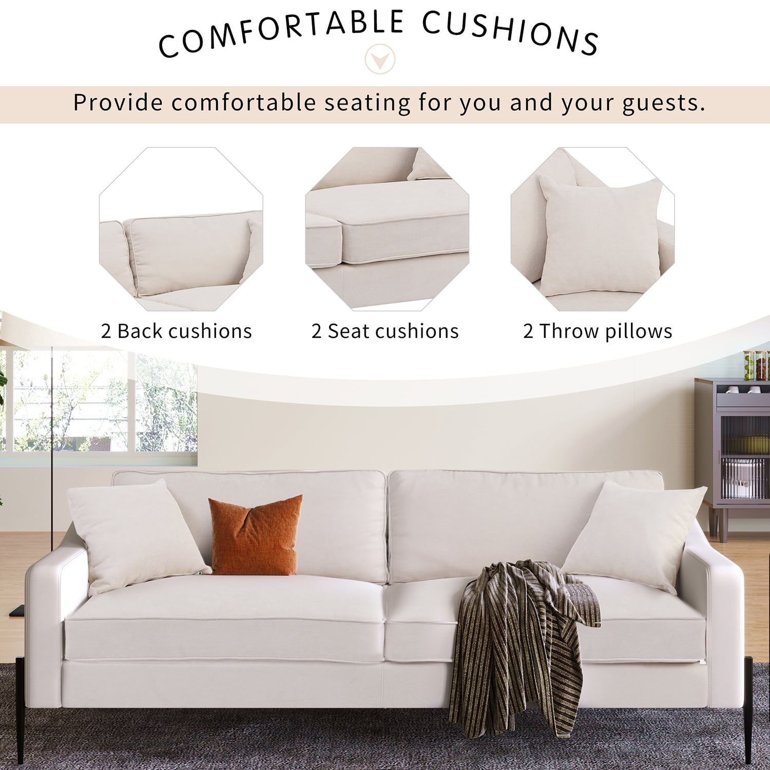 Kadyn Upholstered Modern Loveseat, 81" Sofa Couch with Metal Legs, Durable with 2 Pillows, 2-3 People Seat Capacity, Beige