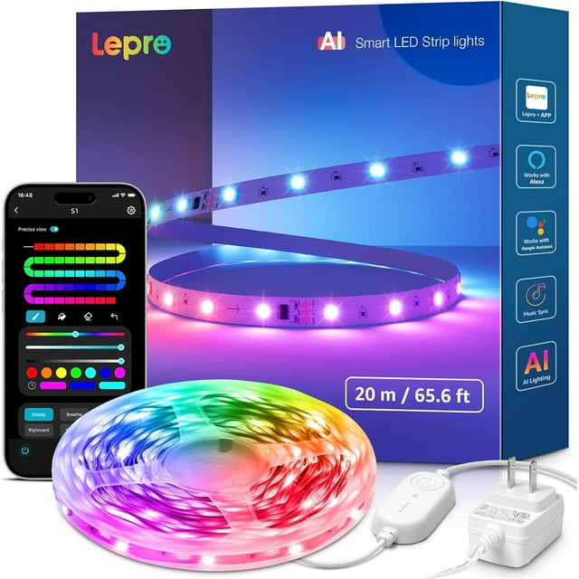REJODA-S1 AI Lumières LED, Wi-Fi & Bluetooth Bande LED RGB pour Chambre, Fonctionne avec Alexa & Google, Synchronisation Musicale, Segment de Couleur DIY, Designer d'Éclairage AI Personnalisé, Lumières de Décoration d'Halloween, 65.6 Pieds