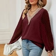thumbnail image 5 of Scyoekwg Womens Long Sleeve Tops Dressy V-Neck Crochet Lace Trim Elegant Shirts Lightweight Loose Vintage Solid Color Fall Clothes Casual Pullover, 5 of 7