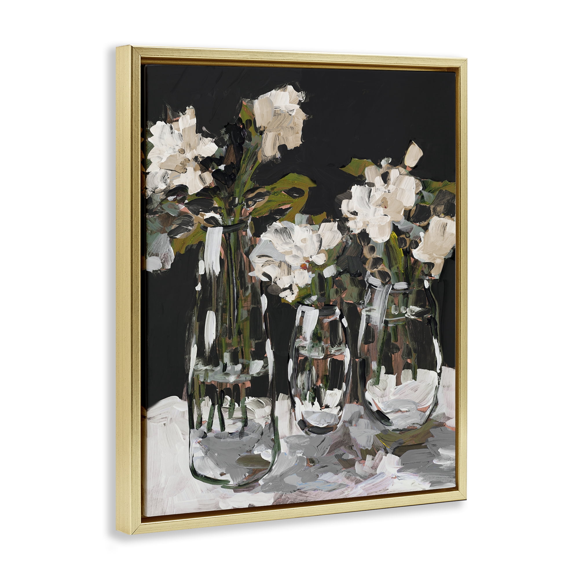 Stupell Industries Three Flower Vases on Black Gold Framed Floater Canvas Wall Art, design by Jane Slivka