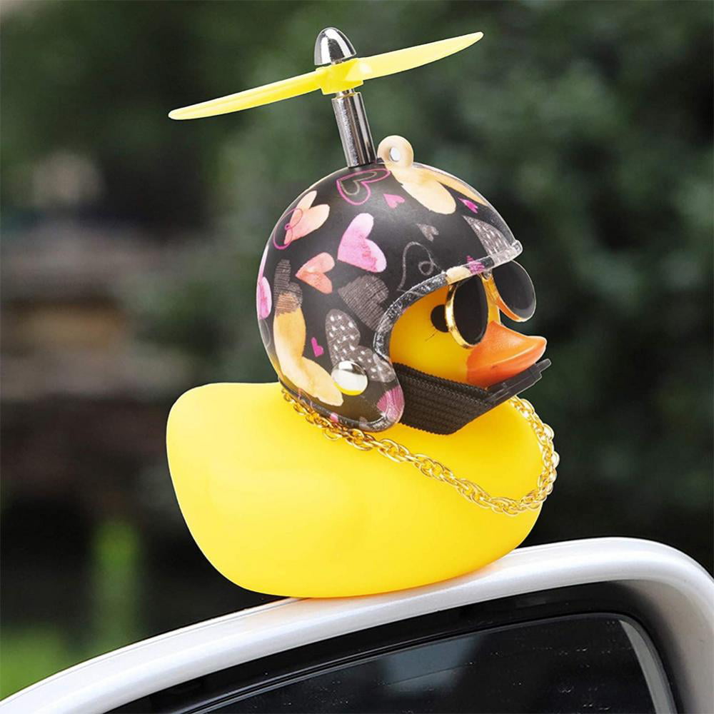 #13 New Glowing and Speak Rubber Duck Toy Car Ornaments Yellow Duck,Car and Mountain Bike Dashboard Decorations with Take-Copter Propeller Helmet for Kids,Women,Men