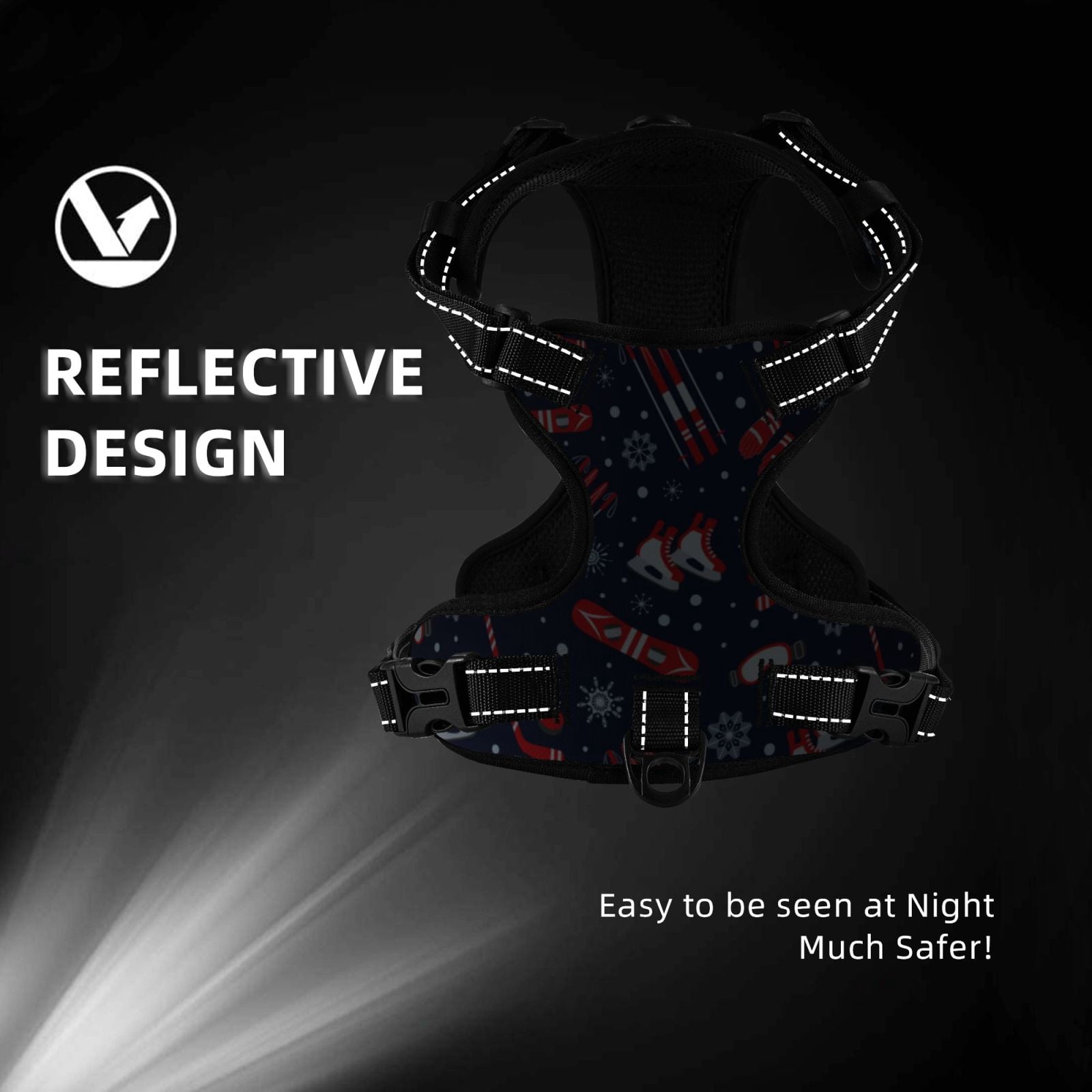 Fuzoiu Winter Skiing Snowflakes Print Reflective Dog Harness,Adjustable, Breathable Pet Vest,Dog Harness No Pull,No Choke Pet Vest for Small, Medium, and Large Dogs-Large