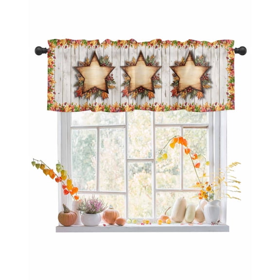 Fall Valances for Windows, Stars Maple Leaf Leaves Berry Watercolor Wood Texture Rod Pocket Short Window Valance Curtains Holiday Window Treatment for Kitchen Living Room Bathroom, 60"x18"