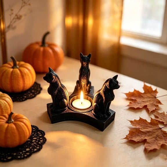 Black Cat Tealight Candle Holder, 3‑Cat Statue Tabletop Figurine, Halloween Mantel & Shelf Home Decoration