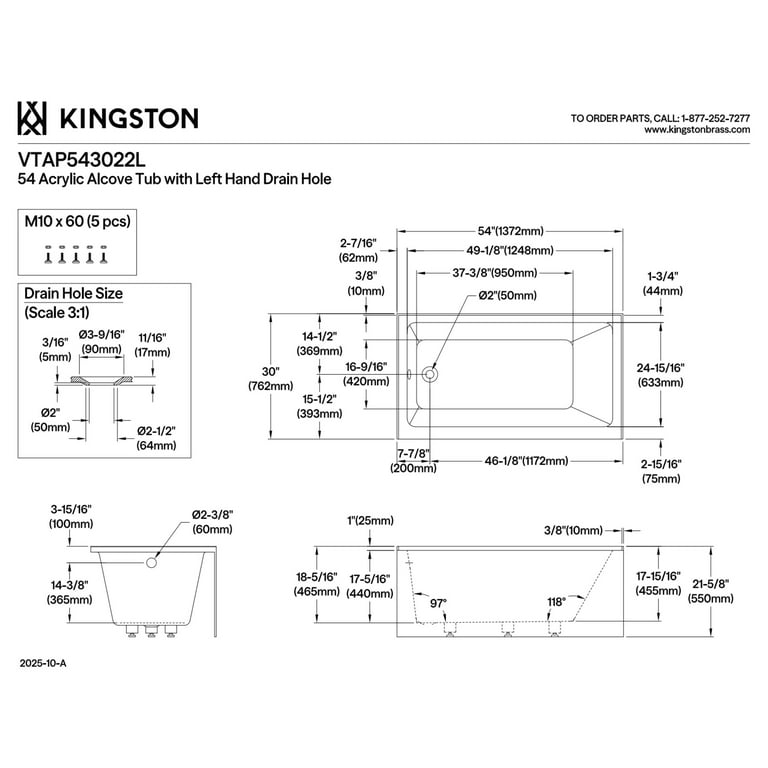 Aqua Eden VTAP543022L 54-Inch Acrylic Rectangular 3-Wall Alcove