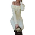 thumbnail image 3 of hirigin Women Fashion Long Bodycon Dress Solid Color Knitted Ribbed Plush Trim Boat Neck Long Sleeve Dress Spring Autumn Skinny Dress, 3 of 6
