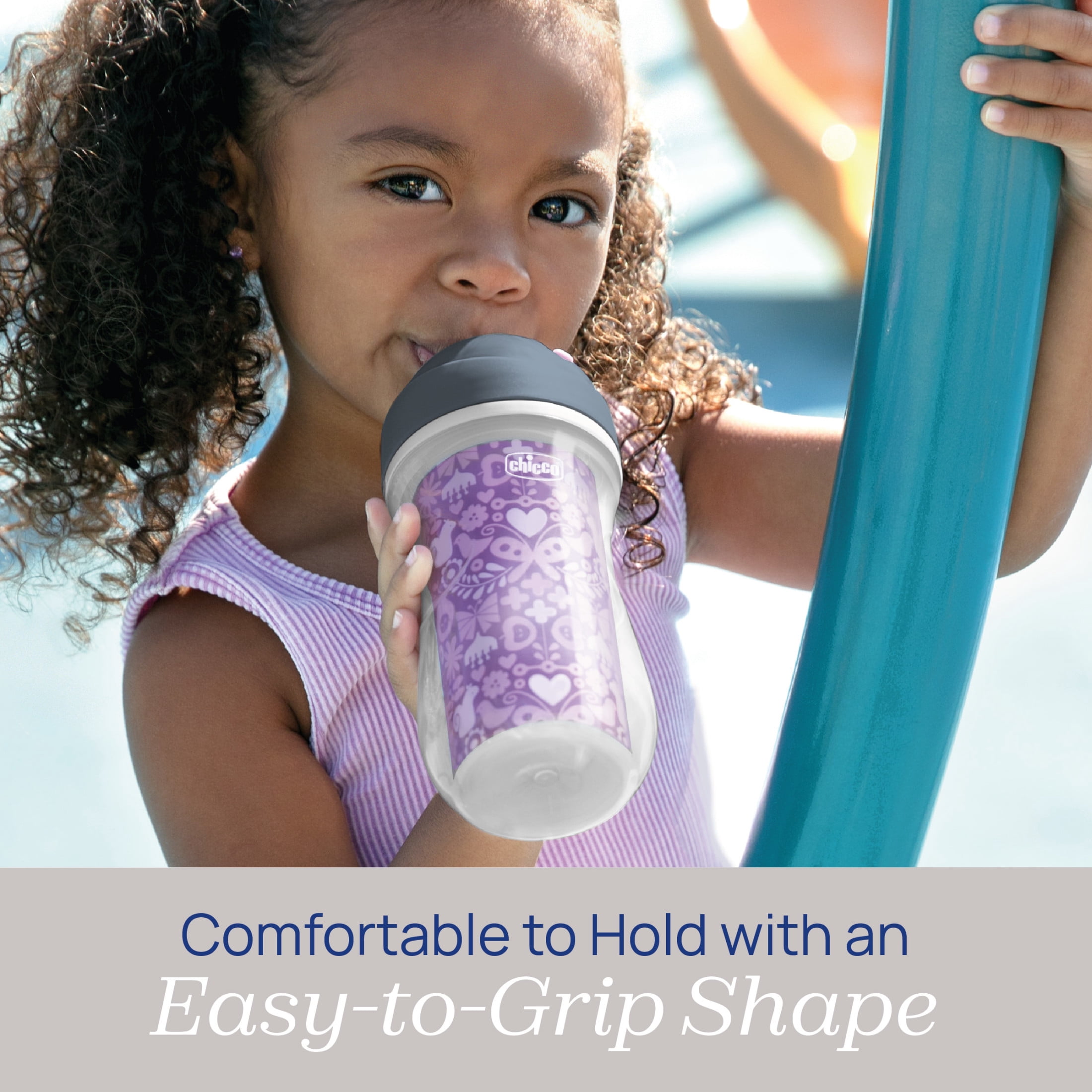 Chicco 9oz. Flip-Top Straw Trainer with Soft Silicone Straw and Double-Wall Insulation, 12m+, 2-Pack - Floral/Purple