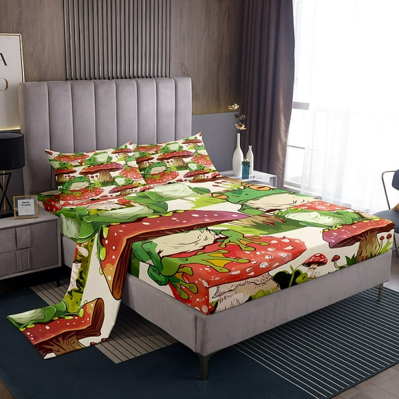 Erosebridal Animal Frog Bed Sheets Twin For Kids,Red Mushroom Bedding Sets Twin Size,Botanical Decor,Lightweight,3pcs