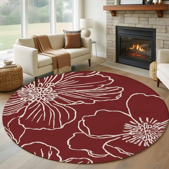 Round Rug 6Ft Washable Non-Slip, Red Flowers Circle Area Rugs for Living Room Bedroom, Spring Floral Botanical Modern Art Indoor Floor Mats Carpet Runner for Home Decor Aesthetic