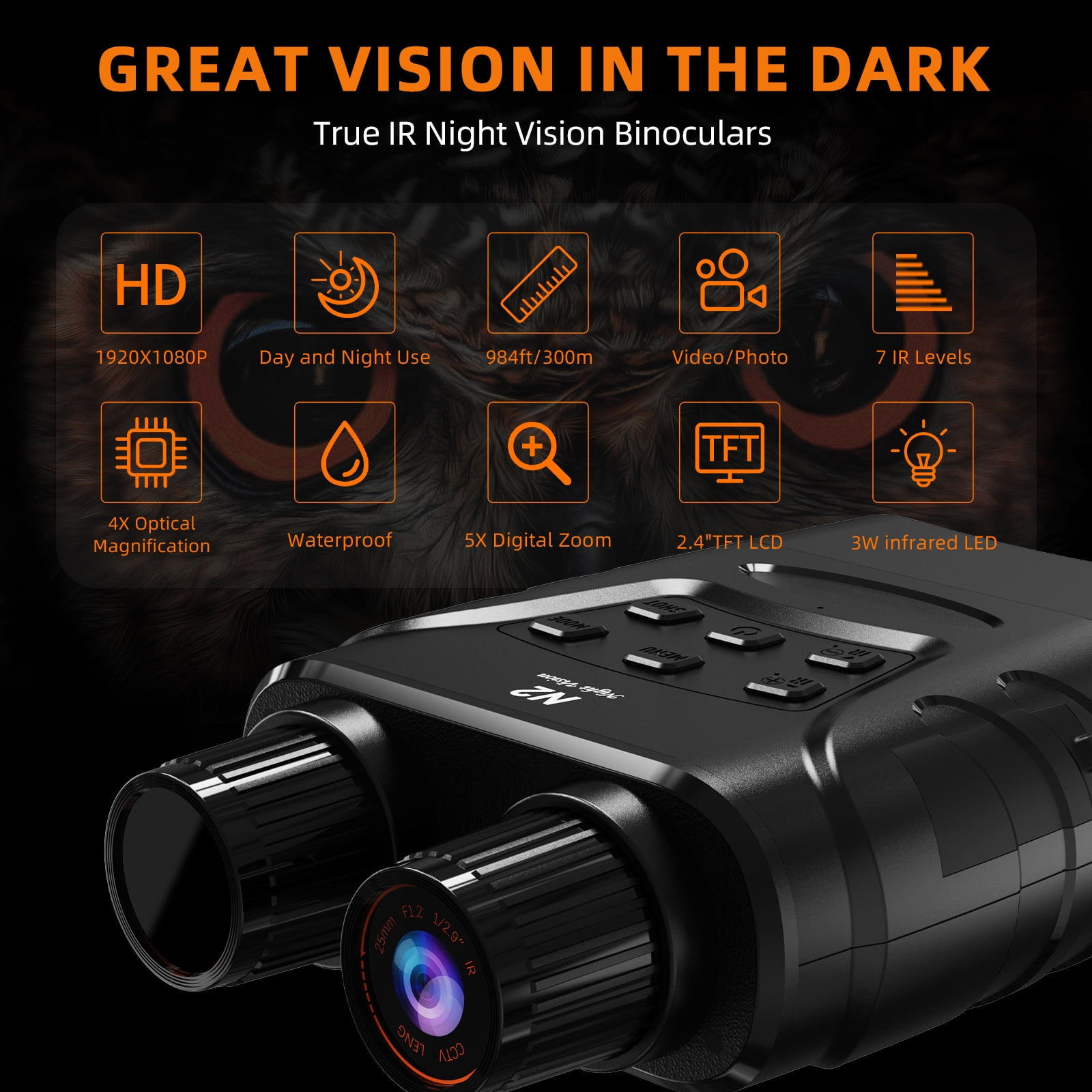 Amkui N2 Night Vision Day Binoculars Viewing 984ft/300M 1080P Night Vision 5X Digital Zoom Goggles Infrared Binoculars for Hunt Surveillance