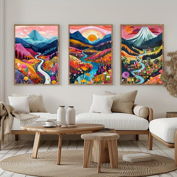 3pcs Vibrant Frameless Canvas Art Triptych - Colorful Landscape Wall Decor for Living Room, Office, or Hotel - Modern Home Decor with Sunset & Mountain Design, Canvas Wall Art