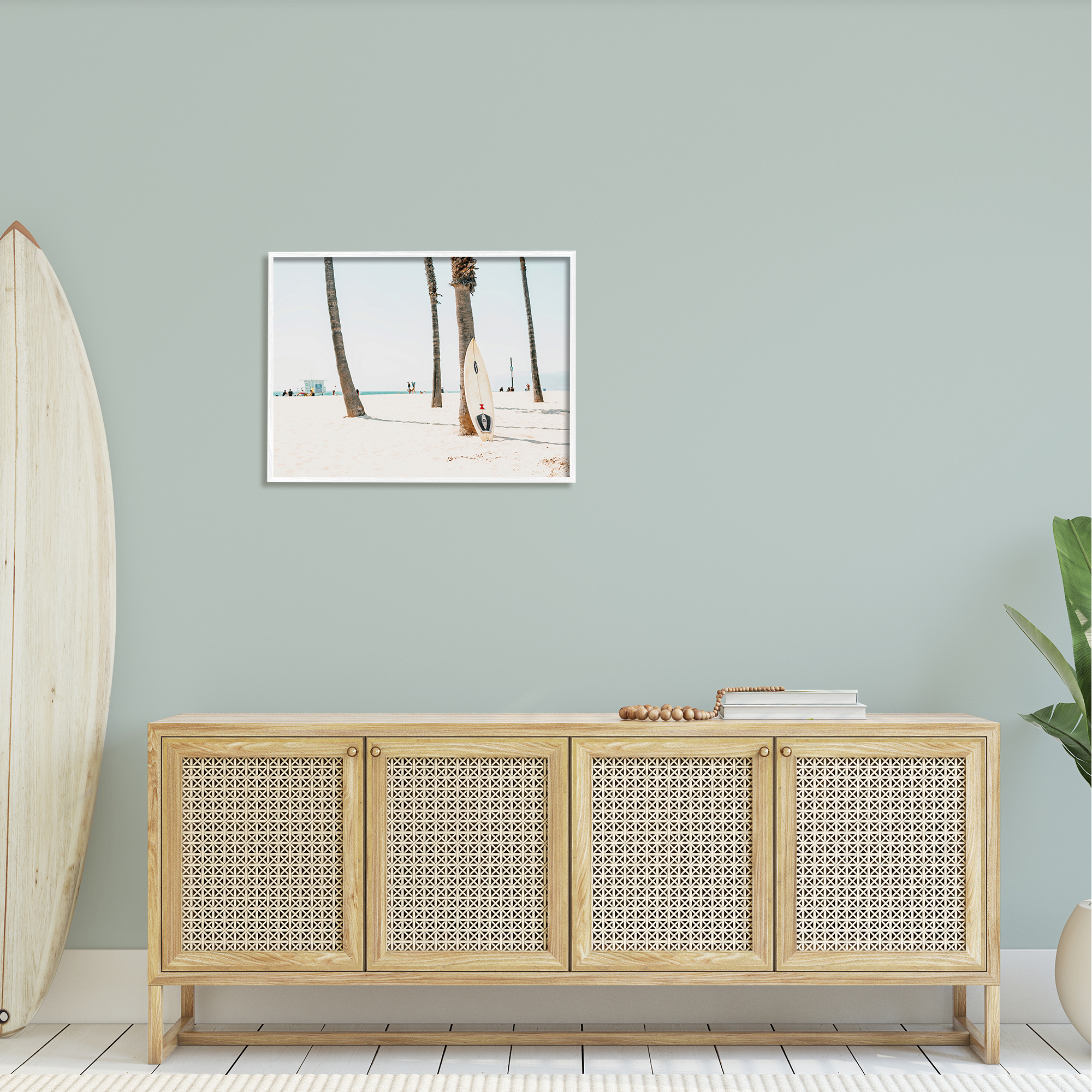 Stupell Surfboard Leaning Tropical Palm Trees Landscape Photography White Framed Art Print Wall Art
