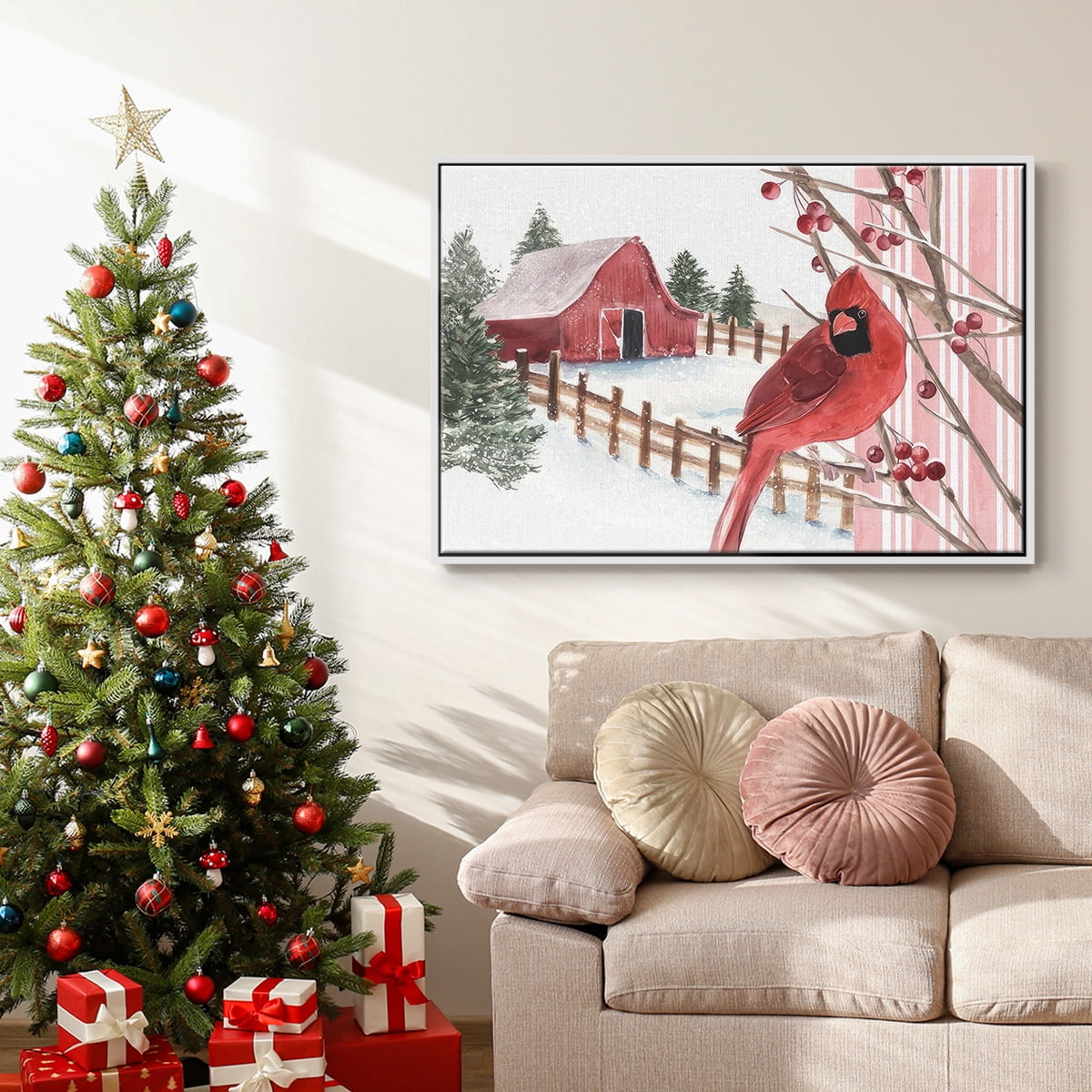 Winter Cardinal Collection A - Framed Gallery Wrapped Holiday Canvas - 25 x 37 - White Frame