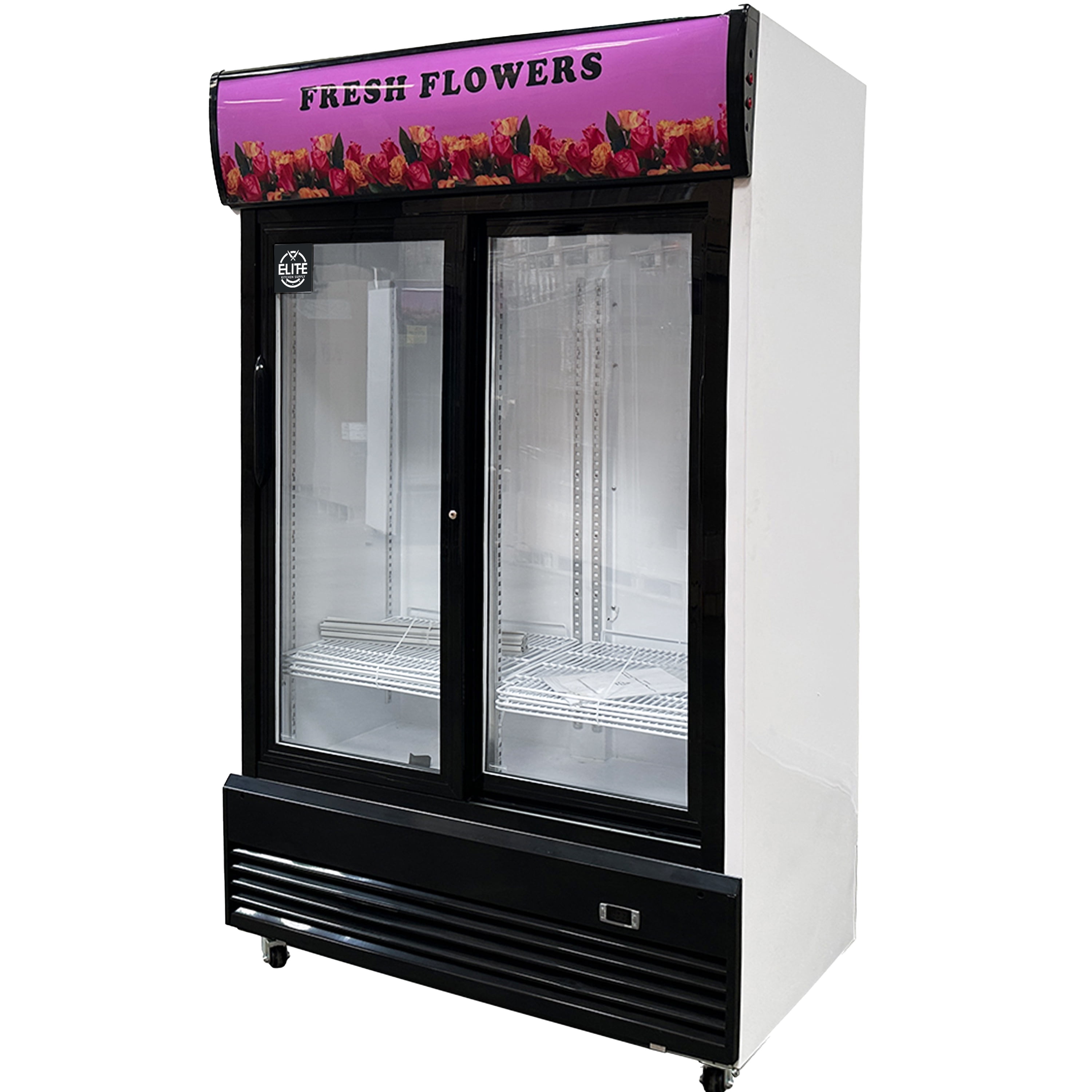 Elite Kitchen Supply 48 in. Floral Cooler Refrigerator, 31 Cu.Ft. Commercial Sliding Doors, NSF Certified
