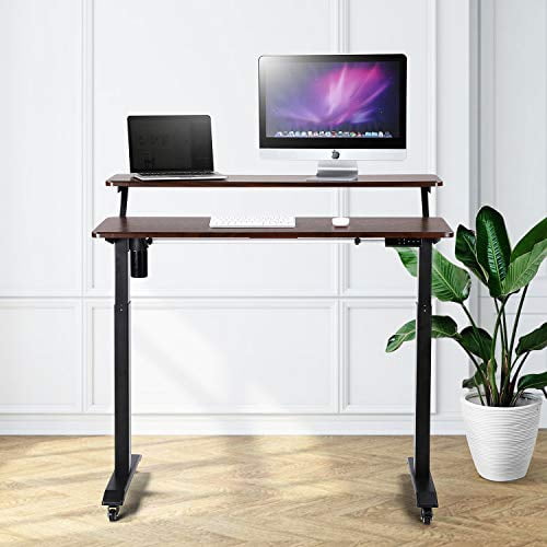 UNICOO® 2 Tier Electric Height Adjustable Standing Desk with Wheels, Electric Mobile Standing Workstation, Sit Stand Desk Home Office Desk Whole-Piece Desk Board 48 * 24 in (KT1002-MB) 2Tier