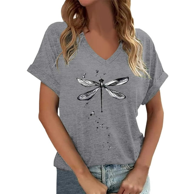 WEIYLL T-Shirts pour Femmes Imprimé Insecte Col en V Ample Blouse Grise Tailles P