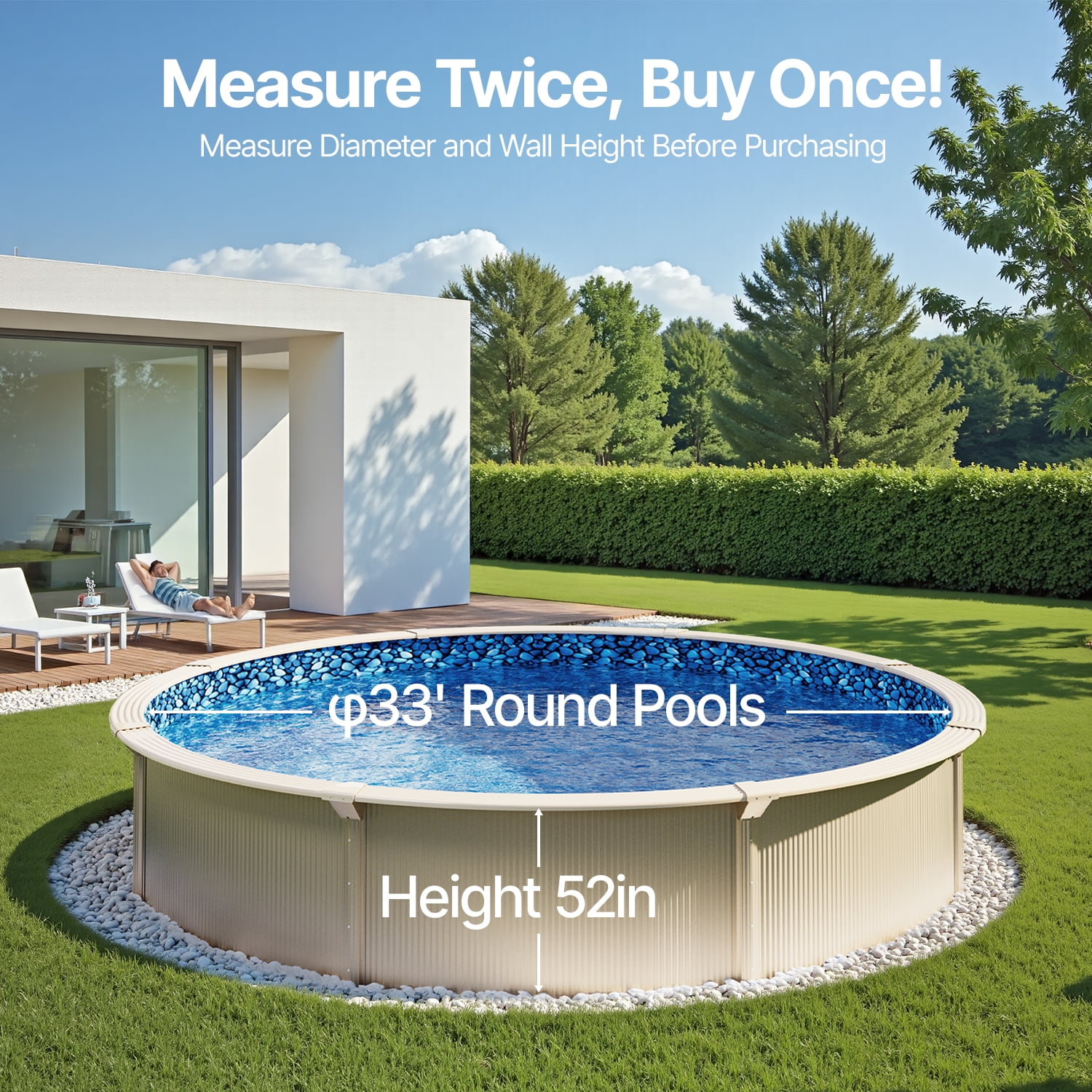 KFFKFF Swimming Pool Liner, 33ft Circular Shape, Robust Vinyl Material, Regular Thickness, 52in Wall Elevation, Suitable for Steel-Sided Above-Ground Pools Liner Replacement