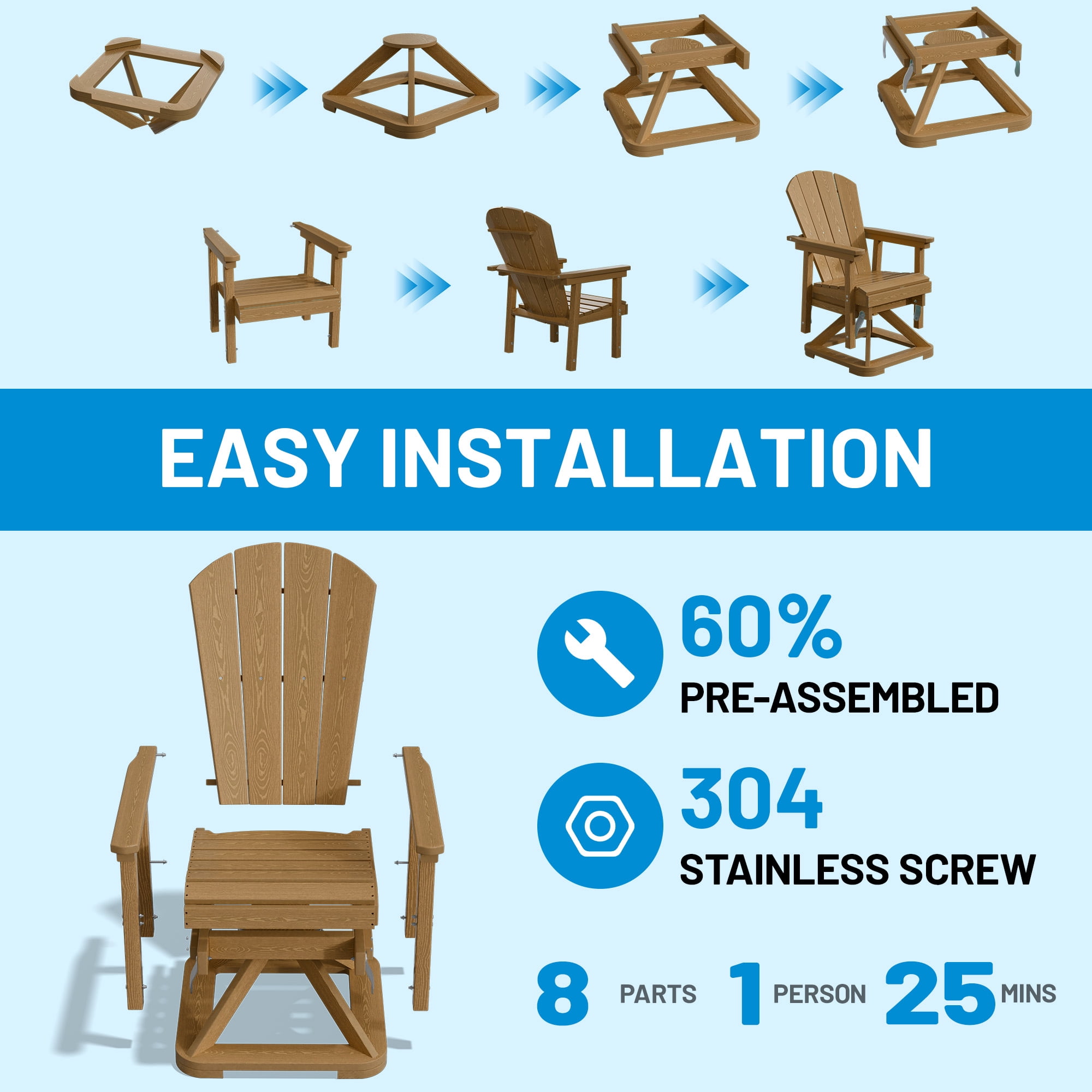 Easthome 360°Swivel Glider Adirondack Chair All-Weather HDPE Outdoor Rocking Chair with Ergonomic Backrest, Outdoor Swivel Rocker for Patio, Porch & Deck - Brown