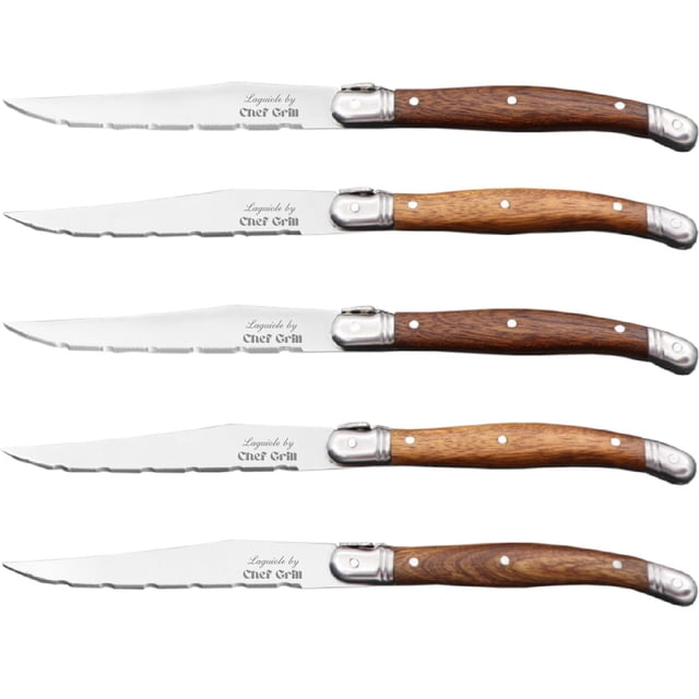 Cuchillo de Hoja de Acero LaguioleWoodLight 5pzas 23 cm Madera Café Claro Acero Inoxidable Cuchillo para carne.