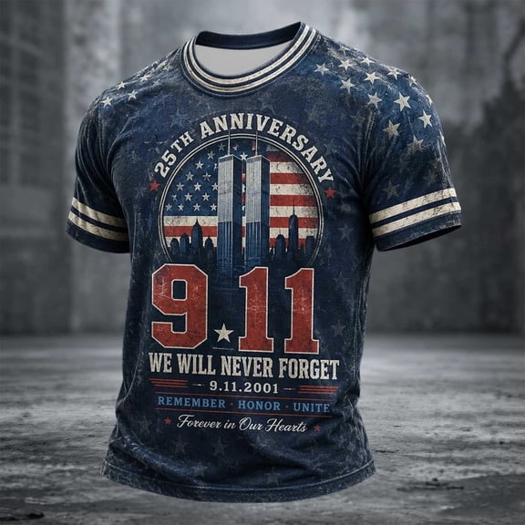 911 25th Anniversary Tshirt Hope Honor Courage Printed T Shirts for Man 9 11 Shirt Never Forget Crewneck Tshirt Faith Vintage Hope (Blue,XXXXXL)