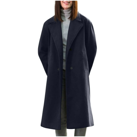 RYRJJ Women's Wool Pea Coat Winter Warm Notched Lapel Double Breasted Trench Coat Dressy Casual Long Oversized Overcoats with Pocket(Navy,XS)