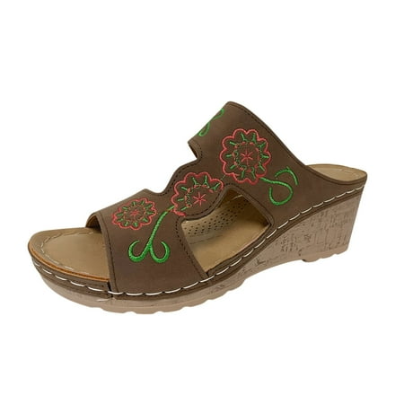 

Youmylove Women Slide Slippers Shoes Summer Sandals Roman Slippers Round Toe Wedge Flower Embroidered Vintage Slippers Leisure Ladies Cozy Daily Walking