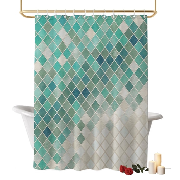 Teal Green Gradient Mosaic Bathroom Shower Curtains with Hooks, Grid Abstract Color Block Waterproof Fabric Washable Shower Curtain for Home Hotel Bathtub Decor 36x72 Inch