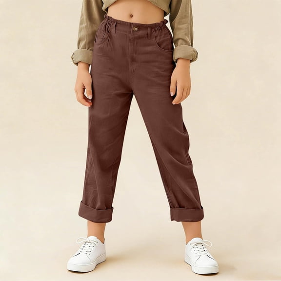 Girls Capri Pants Summer Trendy Linen Cropped Trouser with Pockets Beach Casual Cruise Fashion Capris Clothes