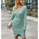 thumbnail image 2 of Vestido cruzado con cuello en V para mujer, vestido ajustado corto con cintura tipo túnica fruncida y manga larga, 2 of 6