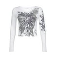 thumbnail image 2 of Caitzr Women Long Sleeve Crop Top Rhinestone Print T-Shirts Vintage Harajuku 90s Blouse Tees Streetwear, 2 of 7