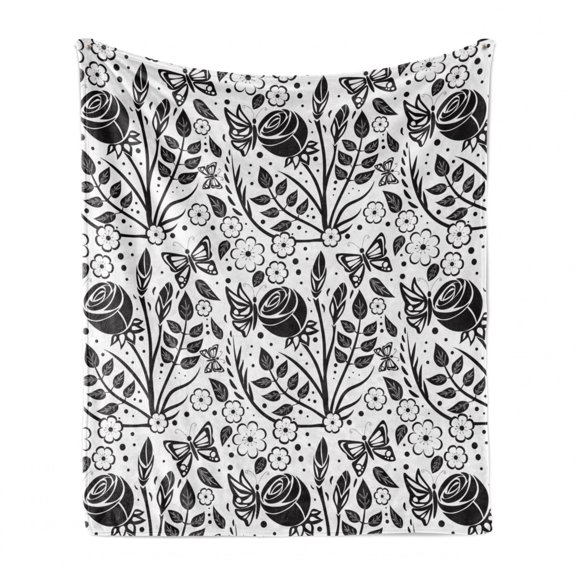 Floral Soft Flannel Fleece Blanket, Monochromatic Butterfly Rose Flowers Peduncles Twigs Buds Illustration, Cozy Plush for Indoor and Outdoor Use, 50" x 60", Charcoal Grey and White, by Ambesonne