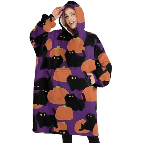 Oversized Wearable Blanket Hoodie,Purple Halloween Black Cats and Pumpkins Sherpa Blanket Hoodie with Super Pockets,Super Warm Fuzzy Pullover for Women & Men
