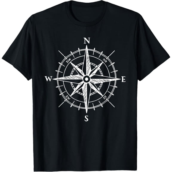 Hand Drawn Style Compass Rose Nautical T-Shirt men and women can wear, black, white, gifts