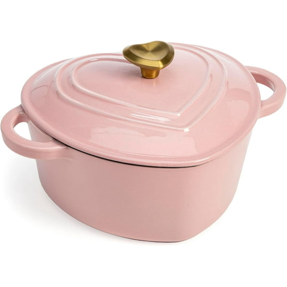 YANTON Enameled Cast Iron Dutch Oven Heart-Shaped Pot with Lid, Dual Handles, Works on All Stovetops, Oven Safe to 500°F, 2-Quart, Pink