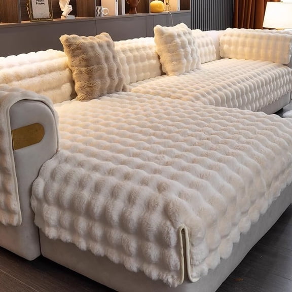 Thick Rabbit Plush Sofa Covers,Non Slip Faux Fur Sofa Cover for Living Room, Furniture Protector Fluffy Slipcovers for L Shape Sectional Sofa Slipcover