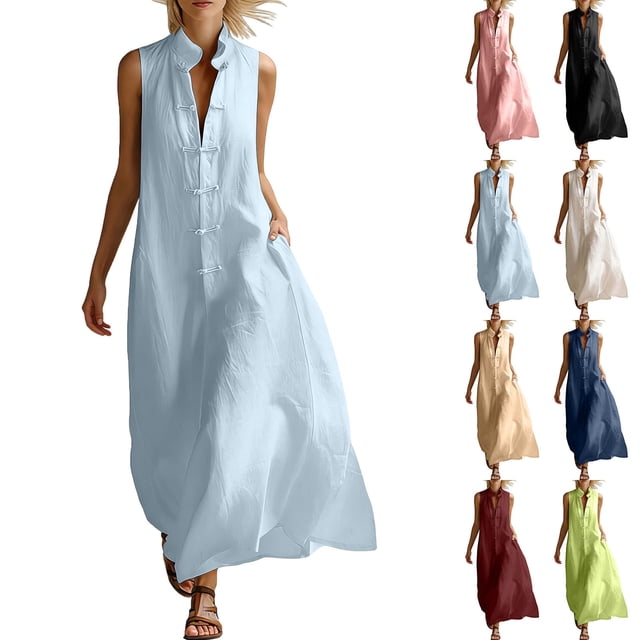justHIGH Robe d'Été Décontractée Sans Manches pour Femme, Robe de Plage pour Vacances, Coupe Ample, Col Ras du Cou, Maxi, Style Camisole, avec Poches, Vert Armée, m