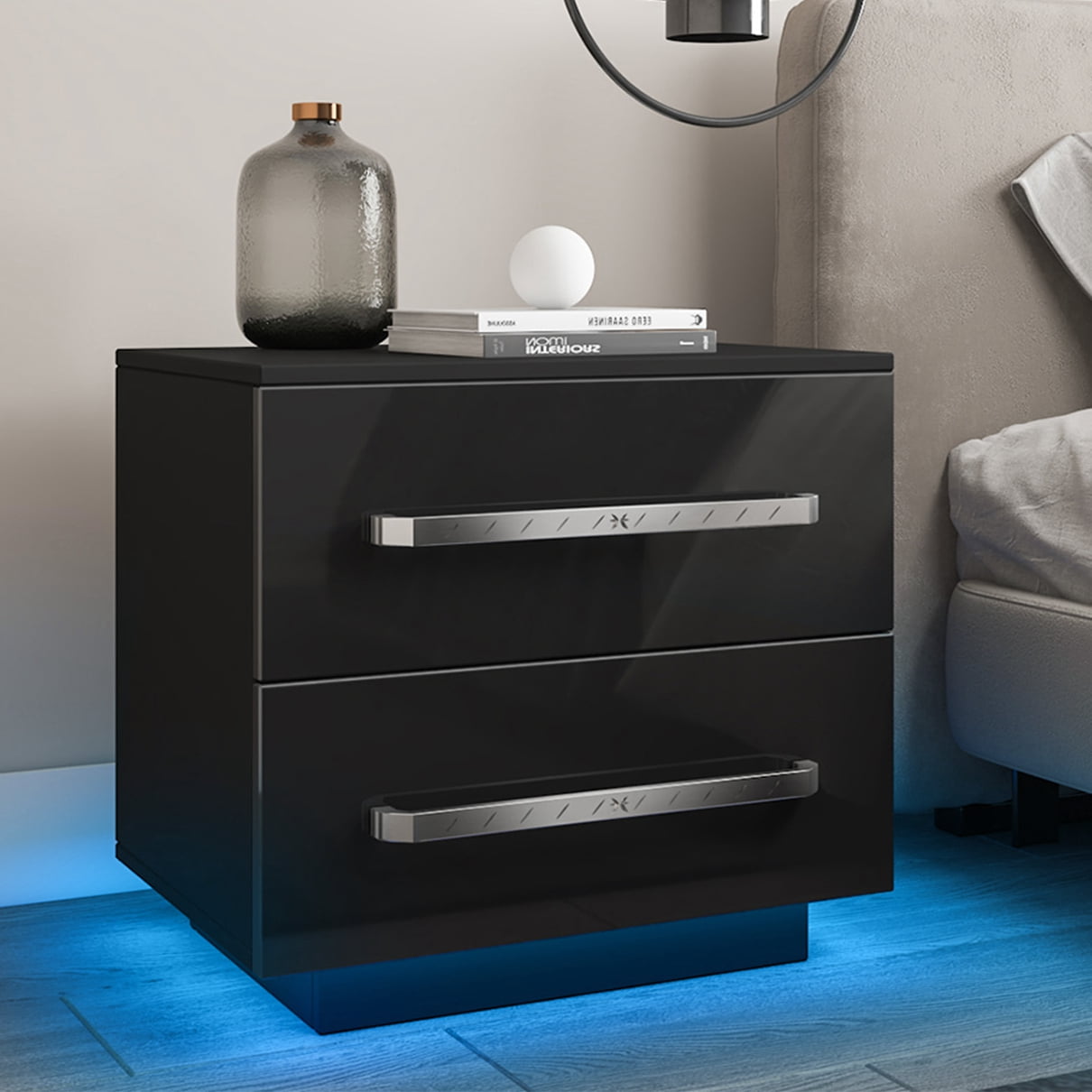 Hommpa Modern LED Nightstand with 2 Drawers High Gloss Bedside Table
